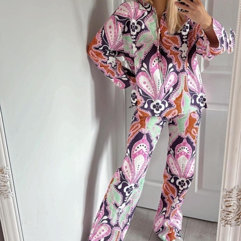 Zara Top and Pant Set XS Printed Linen Spain Groovy 70s 60s Boho Colorful Unique - Picture 2 of 16